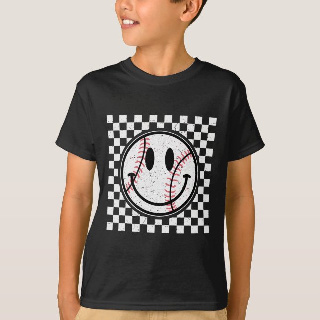 Retro Happy Face Game Day Baseball Pattern Smile F T-Shirt (Front)