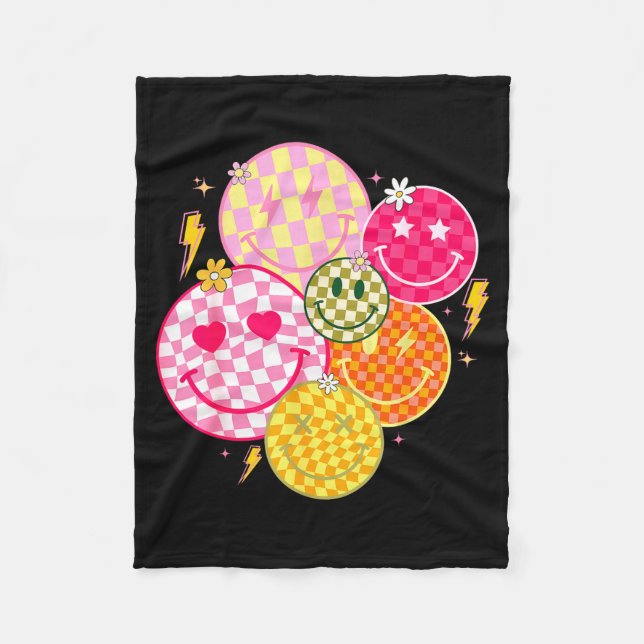 Retro Happy Face Shirt Checkered Pattern Smile Fac Fleece Blanket (Front)
