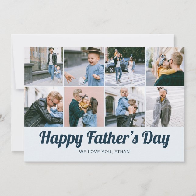 Retro Happy Father's Day 12 Photo Collage Blue Holiday Card (Front)