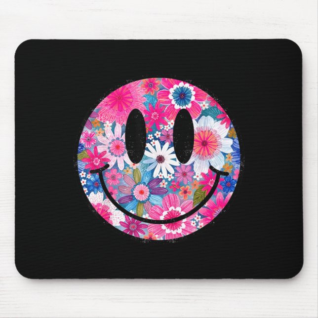 Retro Happy Flowers Smile Face Groovy Boho Design Mouse Pad (Front)
