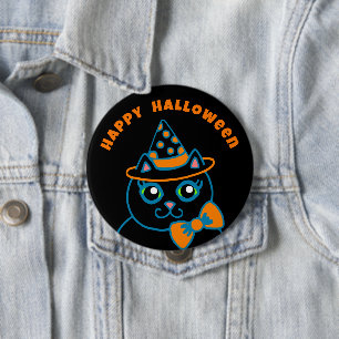 Retro Happy Halloween Black Cat Button 