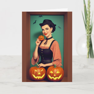 Retro Happy Halloween Lady with Pumpkins Card