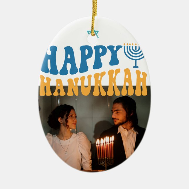 Retro Happy Hanukkah Personalised Photo Ceramic Tree Decoration (Front)