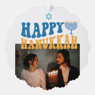 Retro Happy Hanukkah Personalised Photo Tree Decoration Card