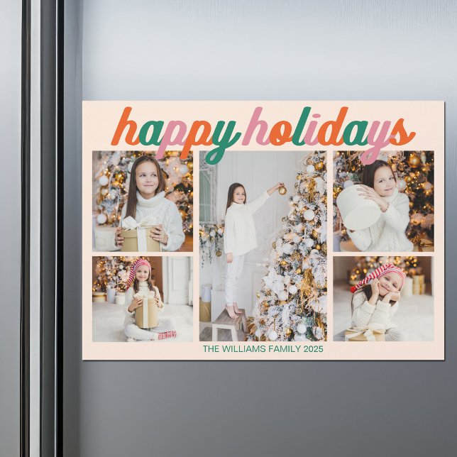 Retro Happy Holidays 5 Photo Collage Magnet Card (Creator Uploaded)