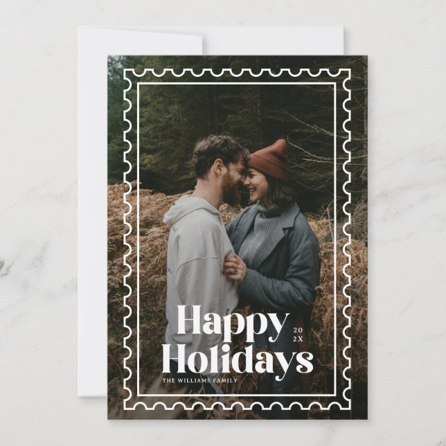 Retro Happy Holidays Stamp family Photo Holiday Card (Front)