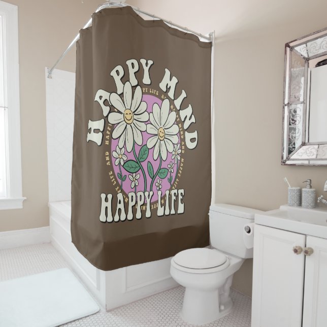 Retro Happy Mind Happy Life Shower Curtain (In Situ)