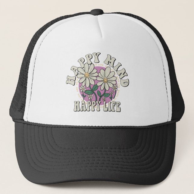Retro Happy Mind Happy Life Trucker Hat (Front)
