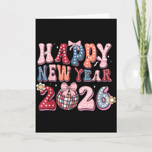 Retro Happy New Year 2026 Coquette Bow Disco Ball  Card