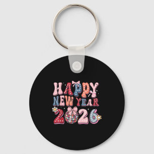 Retro Happy New Year 2026 Coquette Bow Disco Ball  Key Ring
