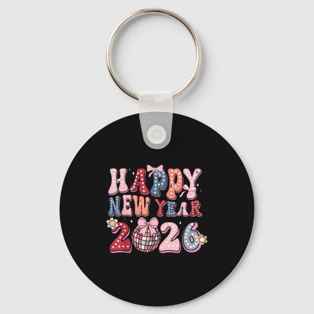 Retro Happy New Year 2026 Coquette Bow Disco Ball  Key Ring (Front)