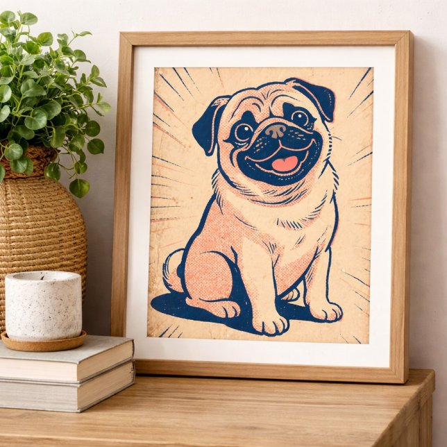 Retro Happy Pug Dog Comic Style Art Poster (retro comic pug)