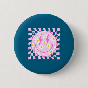 Retro Happy Smile Face Checkered Pattern Nk Daisy 6 Cm Round Badge