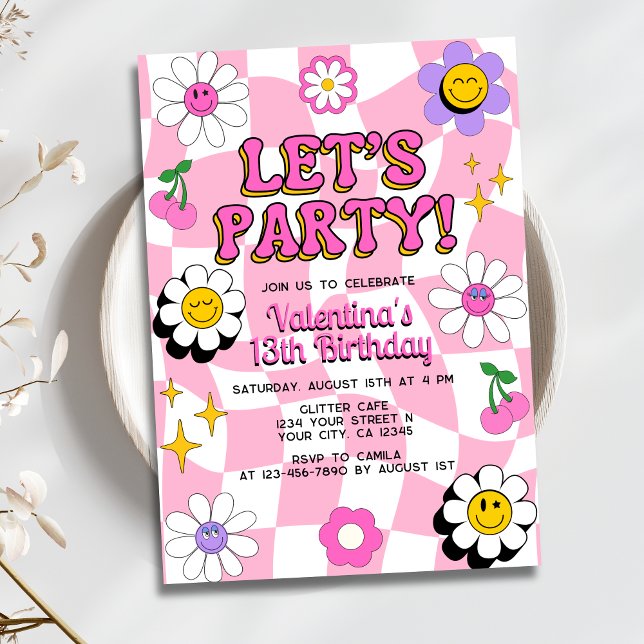 Retro Happy Smile Face Pink Chequered Birthday Invitation (Creator Uploaded)
