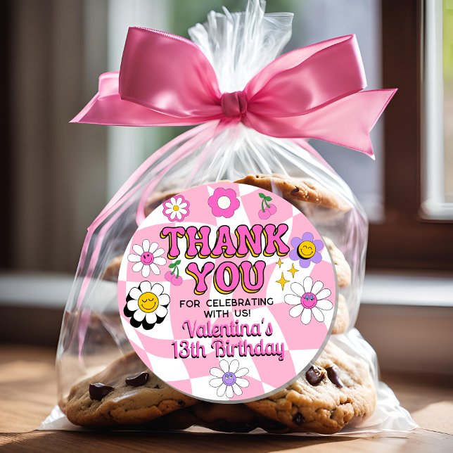 Retro Happy Smile Face Pink Chequered Thank You Classic Round Sticker (Creator Uploaded)