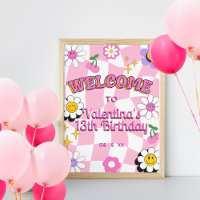 Retro Happy Smile Face Pink Chequered Welcome
