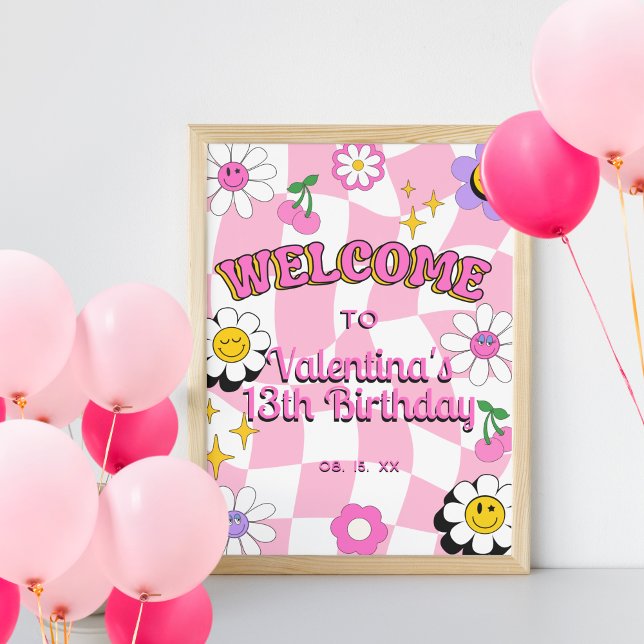 Retro Happy Smile Face Pink Chequered Welcome Poster (Creator Uploaded)