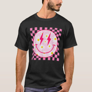 Retro Happy Smile Face Pink Daisy Flower Chequered T-Shirt