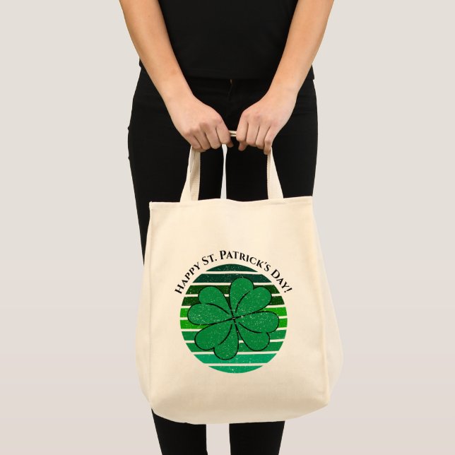 Retro Happy St. Patrick's Day Irish 4 Leaf Clover Tote Bag (Front (Product))