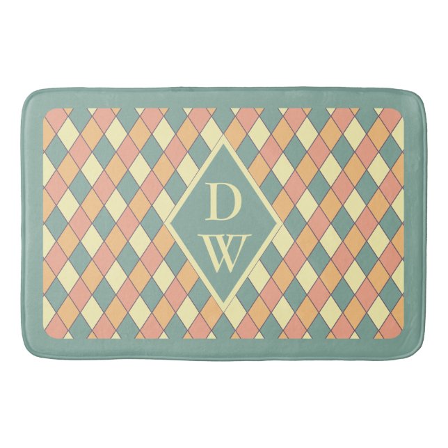 Retro Harlequin Diamond Monogram Bathroom Decor Bath Mat (Front)
