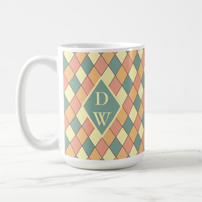 Retro Harlequin Diamond Monogram Drinkware Coffee Mug (Left)