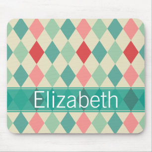 Retro Harlequin Geometric Pattern Monogram Mouse Pad