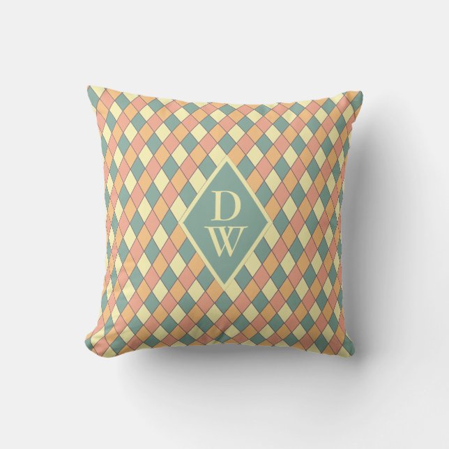 Retro Harlequin Monogram Diamond Home Decor Cushion (Front)