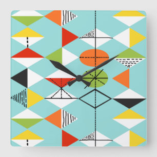 Retro Harlequin Pattern Square Clock