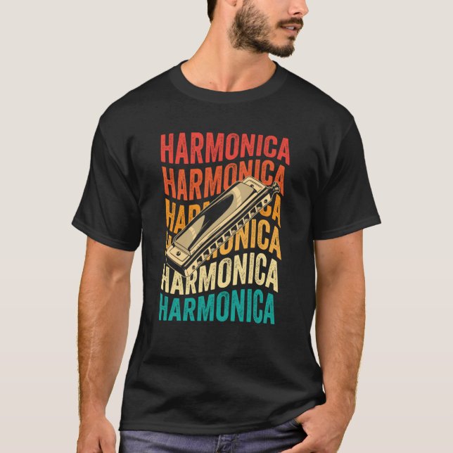 Retro Harmonica Harp Player T-Shirt (Front)