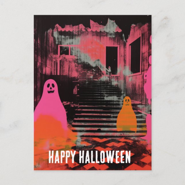  Retro Haunted Halloween House Pink Orange Ghosts Postcard (Front)