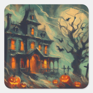 Retro Haunted House with Jack-o'-lantern Spooky Square Sticker