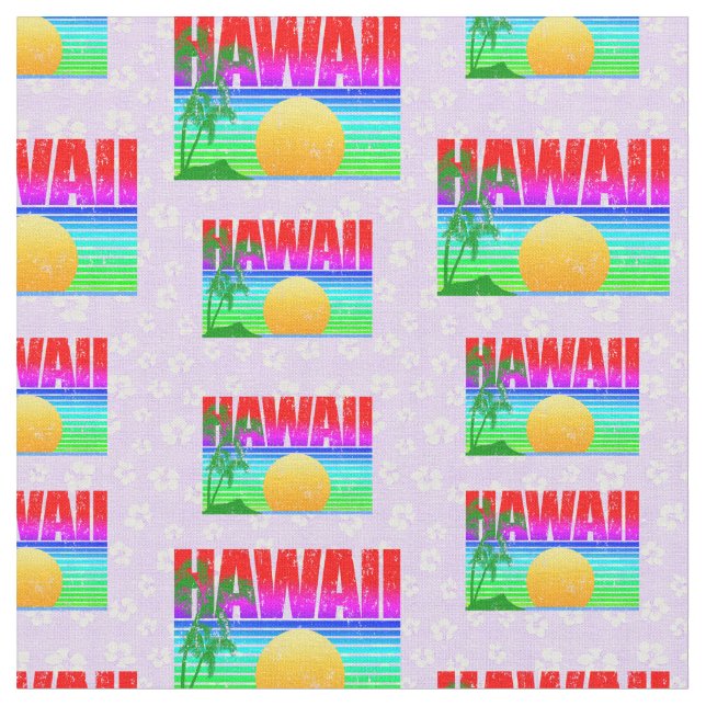 Retro Hawaii Sunset Beach Purple Hibiscus Fabric (Close Up)