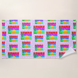 Retro Hawaii Sunset Beach Purple Hibiscus Towel