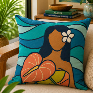 Retro Hawaiian Anthurium Lady Ocean Art Cushion