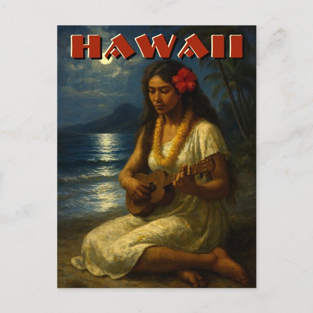Retro Hawaiian Girl & Ukulele At Moonlit Beach Postcard (Front)