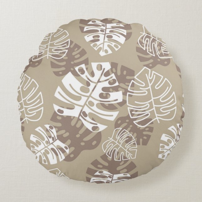 Retro Hawaiian Monstera Leaf Cool Browns Round Cushion (Front)