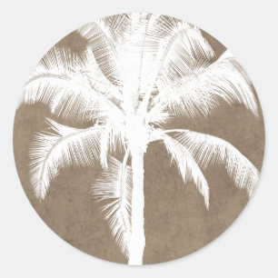 Retro Hawaiian Tropical Palm Tree Silhouette White Classic Round Sticker