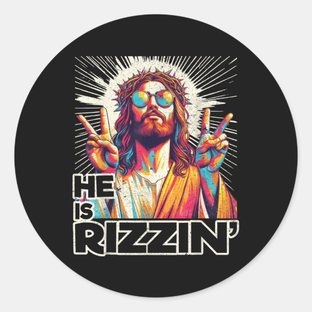 Retro He Is Rizzin Funny Jesus Has Rizzen Easter C Classic Round Sticker (Front)