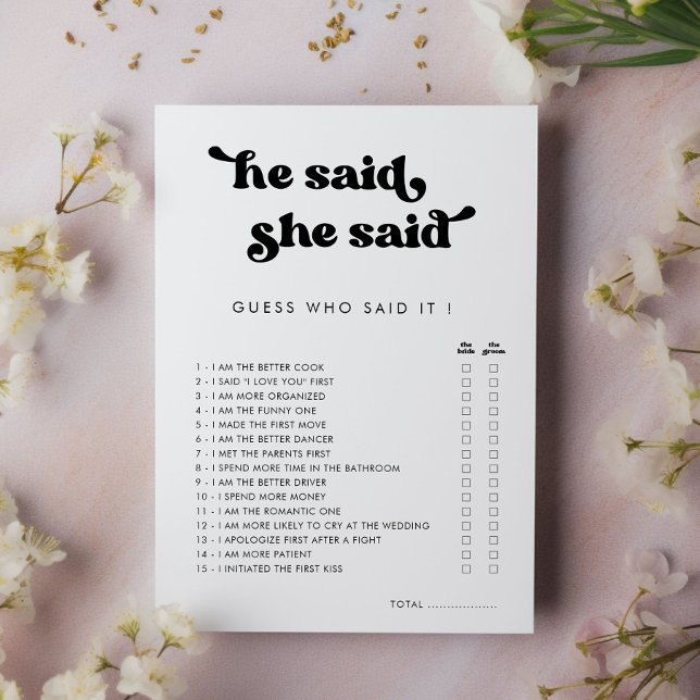 Retro He Said She Said Bridal Shower Game Card (Creator Uploaded)