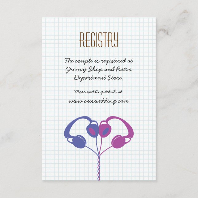 Retro Headphones Heart Music Wedding Purple Indigo Enclosure Card (Front)