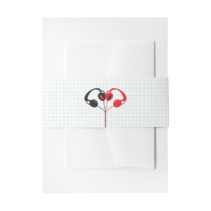 Retro Headphones Heart Music Wedding Red and Black Invitation Belly Band