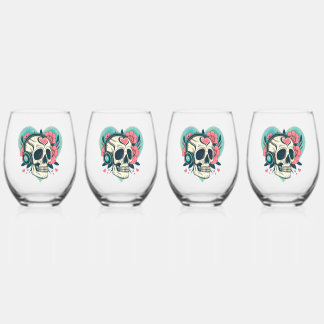Retro Headphones Heart Skull Stemless Wine Glass