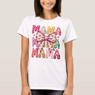 Retro Heart Bow Mama Stacked Design T-Shirt