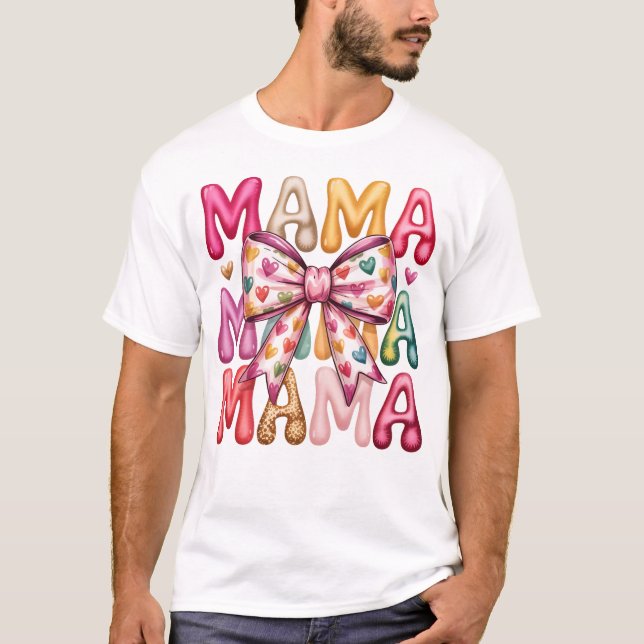 Retro Heart Bow Mama Stacked Design T-Shirt (Front)