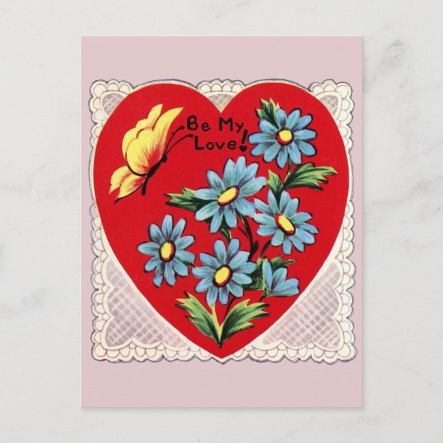 Retro Heart Lace and Flowers Valentine Postcard (Front)