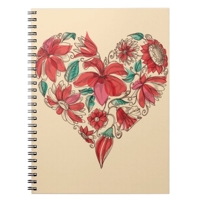 Retro heart of flowers love symbol spiral notebook (Front)
