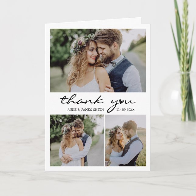 Retro Heart Script 4 Photo Collage Wedding Thank You Card (Front)