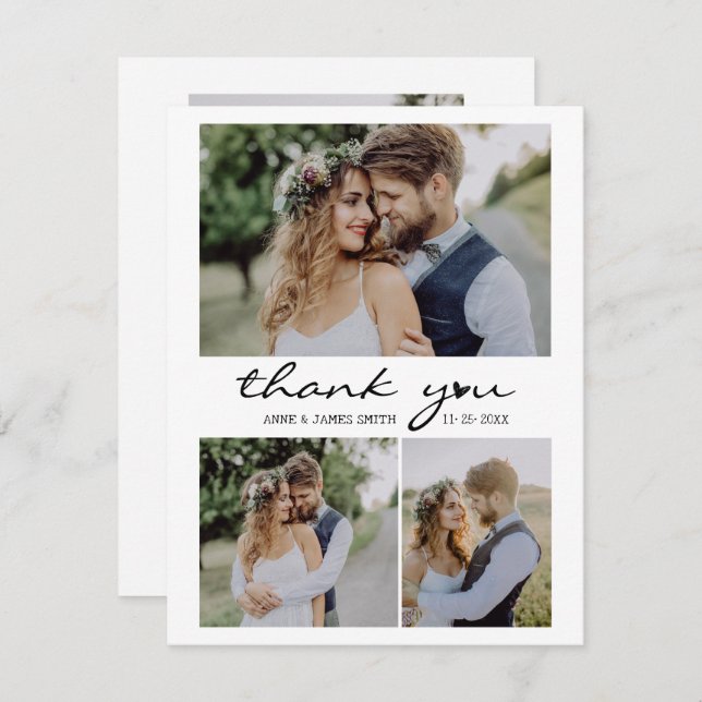 Retro Heart Script 4 Photo Collage Wedding Thank You Card (Front/Back)