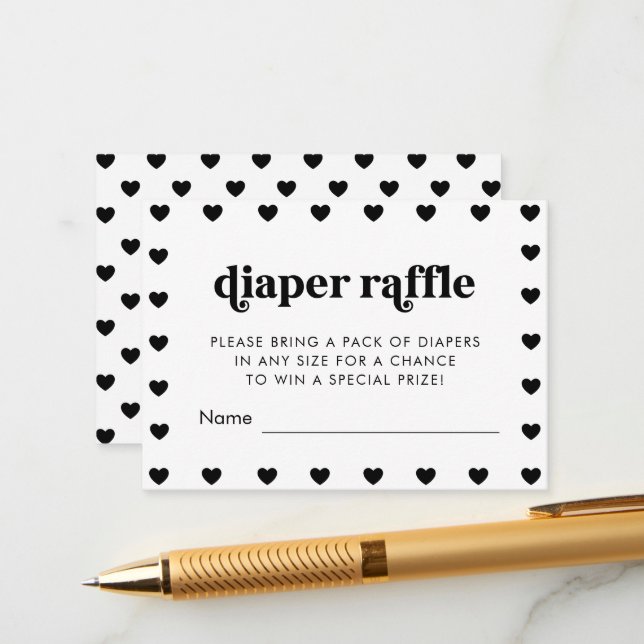 Retro Heart Simple Baby Shower Diaper Raffle Card (Front/Back In Situ)