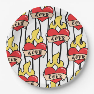 Retro Heart Tattoo Paper Plate